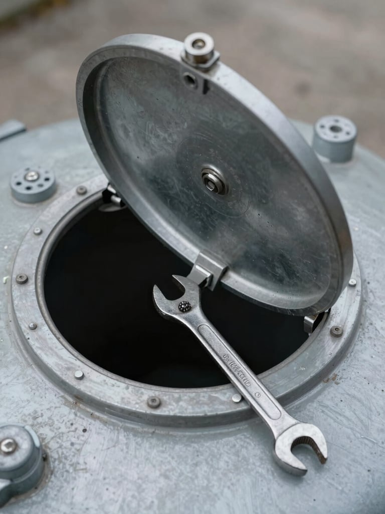 Close overhead shot of a steel septic tank hatch being opened with a wrench on a concrete surface, diffuse overcast light, industrial textures visible