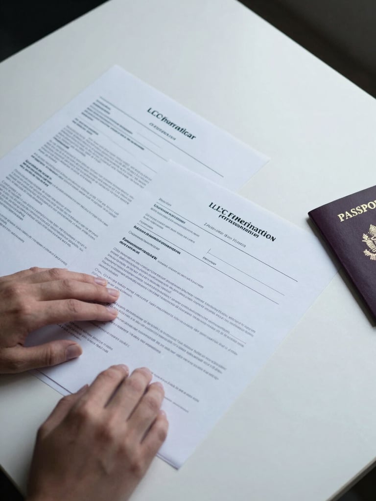 Close-up overhead flat-lay of official LLC formation documents and an EIN assignment letter on a clean white desk, a foreign passport visible at the frame edge, cool north-facing studio light, hands resting on the papers mid-review