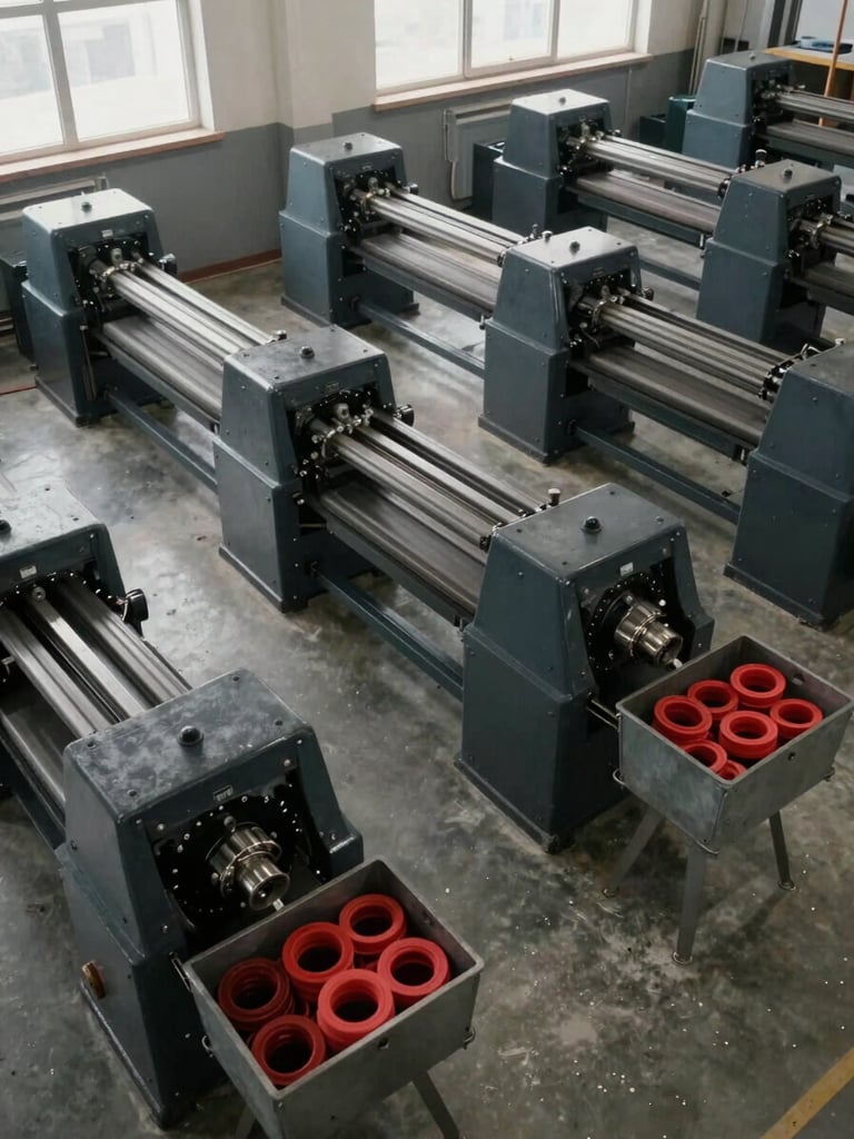 Wide workshop floor shot from above-left angle, rows of rubber seal mold presses under north-facing skylights, charcoal-gray machinery and metal bins of finished red O-rings in natural daylight, no workers posing