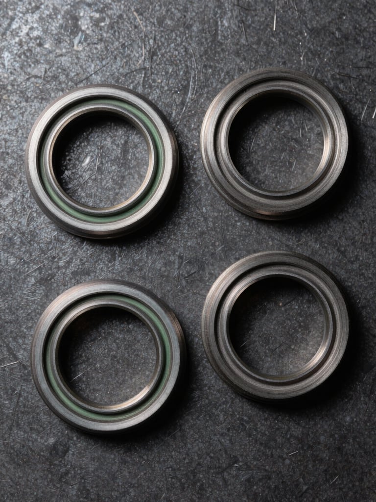 Overhead flat-lay of three oil seals arranged on a dark metal surface, lip geometry and inner bore dimensions clearly visible, sharp studio strobe lighting, no gloss, industrial documentary framing