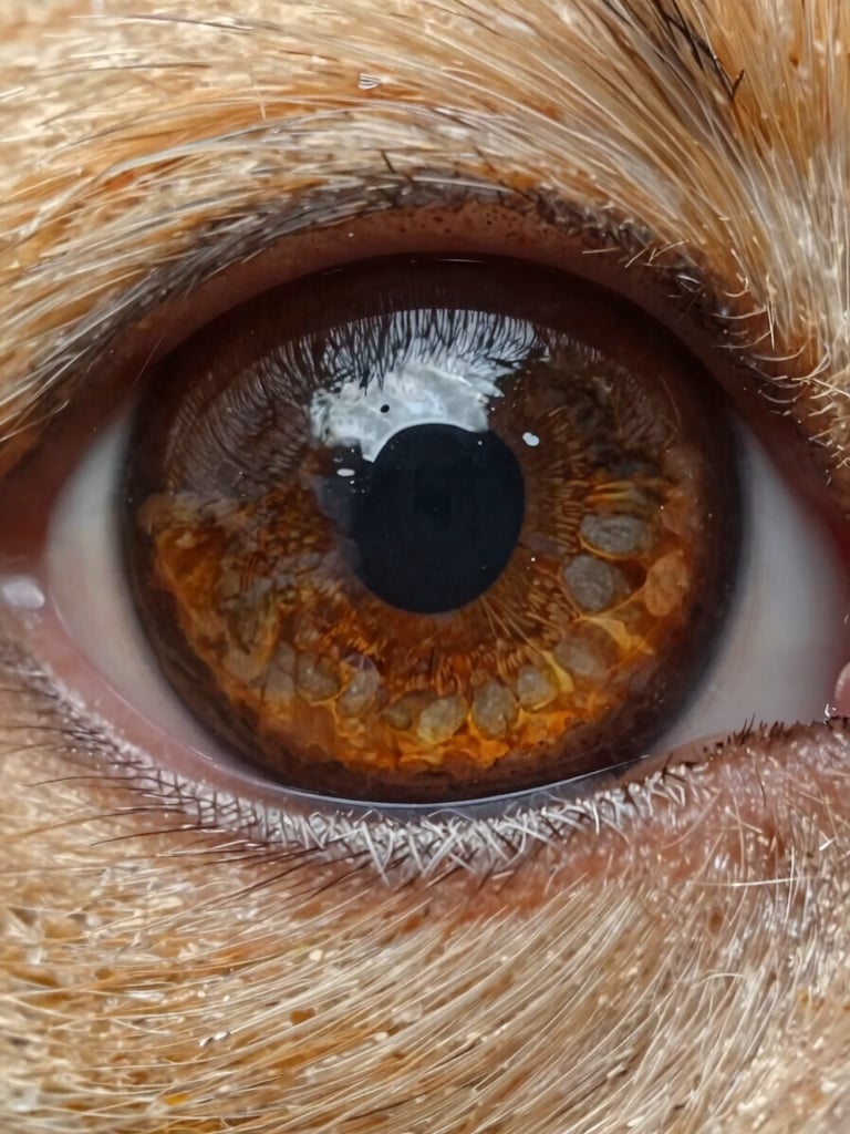 Extreme macro close-up of a healthy canine iris, shot straight-on under bright even clinical light, rich amber and hazel tones radiating from the dark pupil, sharp lens detail visible, no shadows across the eye surface