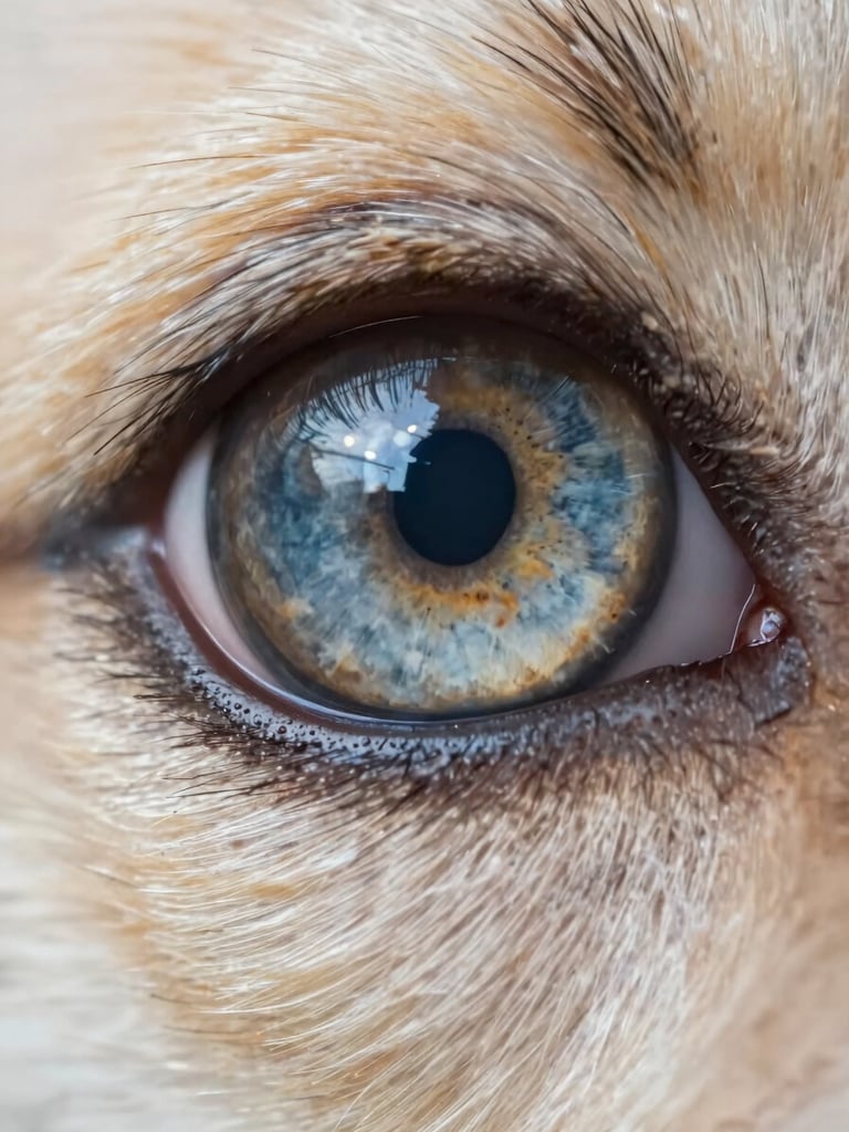 Extreme macro close-up of a dog's eye, iris detail sharp and vivid, pupil perfectly centered, bright even clinical studio lighting, no shadows across the cornea, shallow depth of field isolating the iris texture