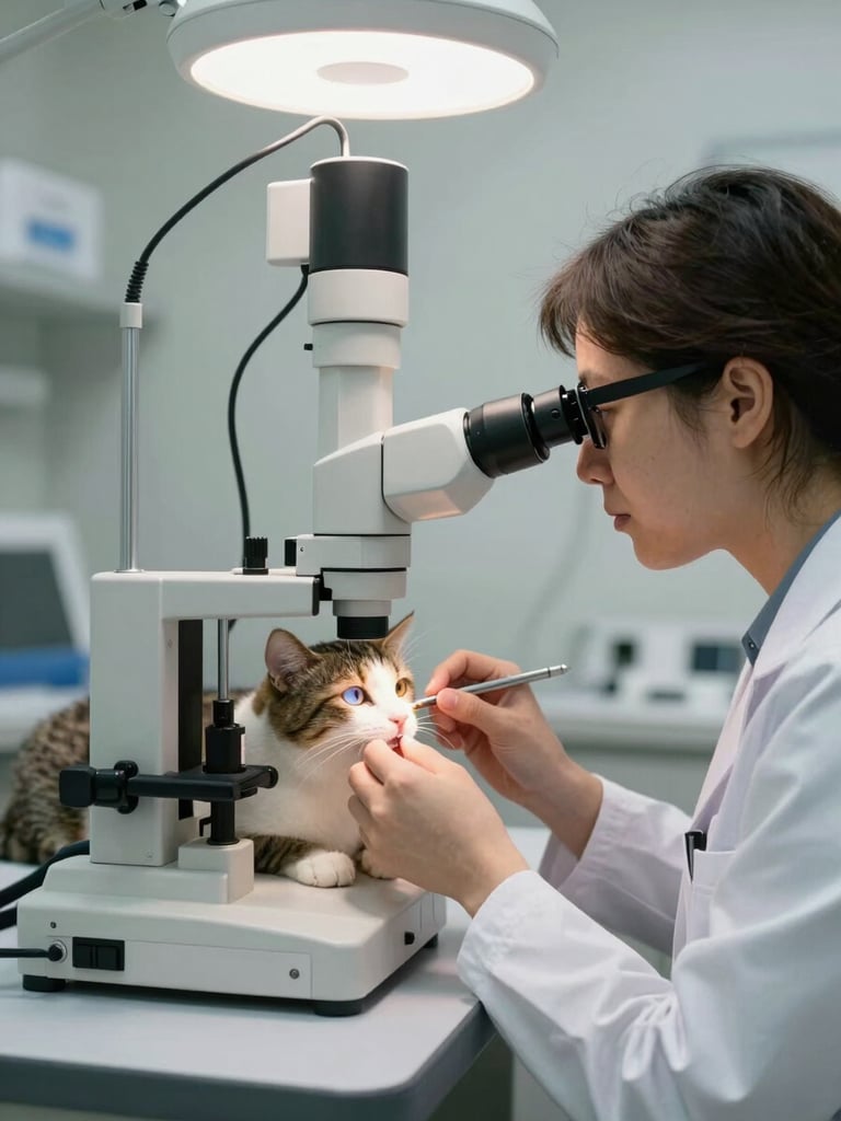 Veterinarian operating a slit-lamp biomicroscope during a feline eye examination, clinical room with bright even overhead lighting, instrument illuminating the cat's anterior segment, medium shot from the side showing the equipment in active use
