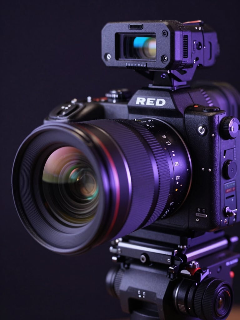 Cinematic close-up of a high-end RED camera lens on a dark studio set, reflecting deep purple and vibrant blue neon lights, shallow depth of field, premium production gear.