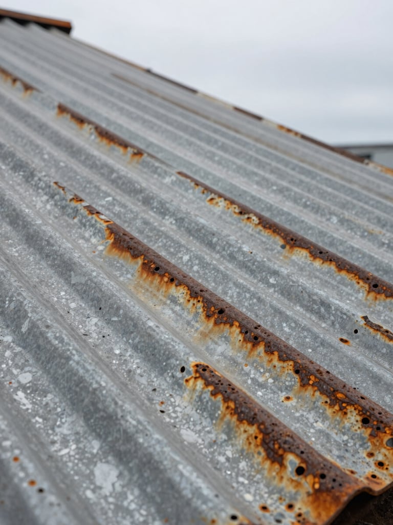 Extreme close-up of heavily corroded corrugated steel roofing panel on an industrial facility, rust streaks and perforation damage visible in sharp detail, overcast diffused daylight creating strong texture across the metal surface, no workers, no sky, purely the structural material in decay