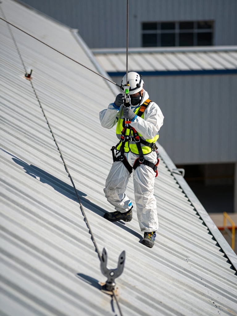 Close-up environmental shot of a technician in full PPE — harness, helmet, high-visibility vest — anchored to a lifeline cable on a steeply pitched industrial metal roof under harsh midday sun, structural corrugations casting sharp shadows, safety anchor point visible in foreground