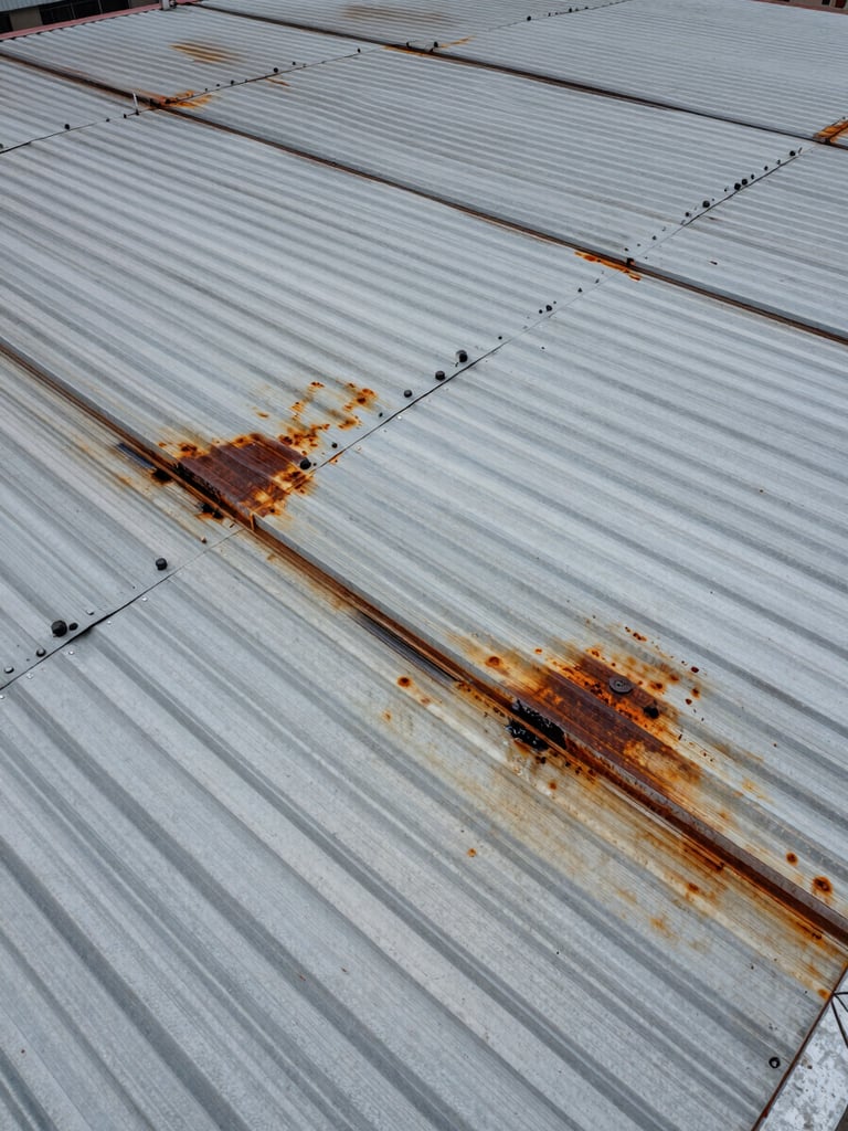Close-up drone aerial of industrial corrugated metal roof showing rust staining and water infiltration damage annotated with visible markers, harsh overcast daylight creating strong texture on the metal surface, no workers visible, structural grid lines receding into the frame