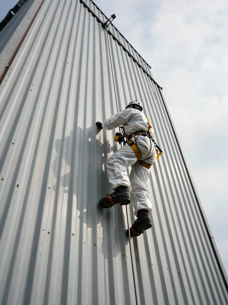 Wide-angle view from below, a worker in full PPE — hard hat, harness, safety lanyard clipped to a steel anchor rail — ascending a tall industrial structure under harsh overcast daylight, corrugated metal panels receding into the background, strong shadows cutting across the metallic surface