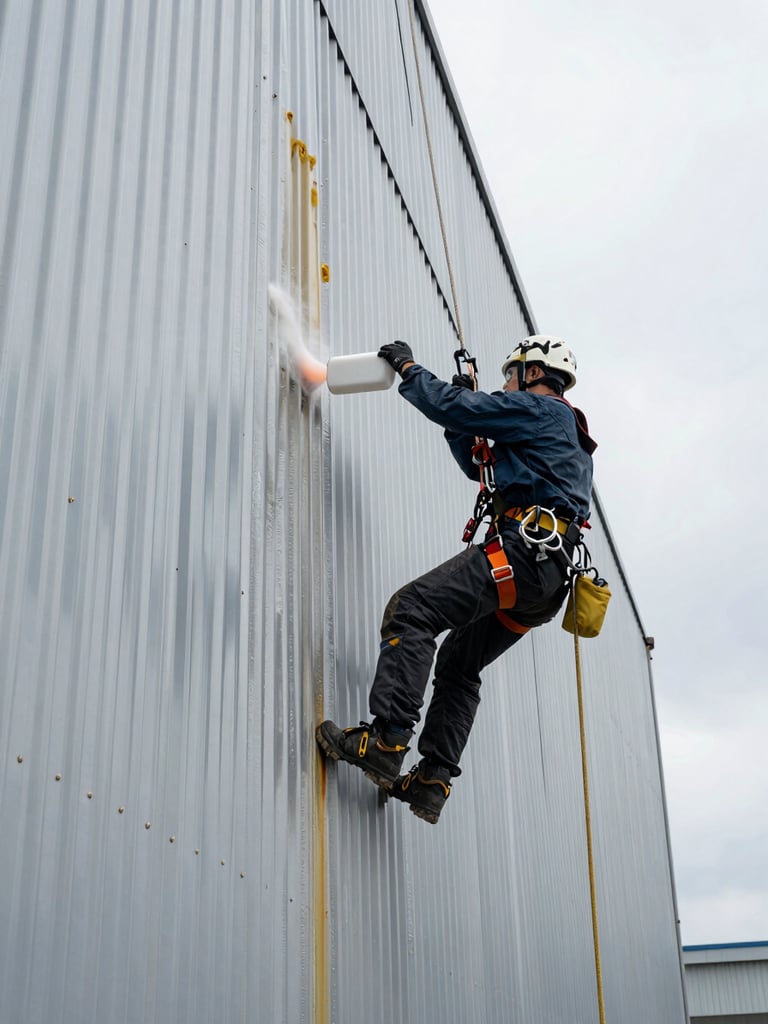 Close-up wide shot of a rope-access technician in full PPE and harness applying cleaning solution to a corrugated painted steel facade panel of an industrial building under harsh overcast daylight, sealant residue and grime streaks visible on the surface being treated, industrial structure extending upward in background