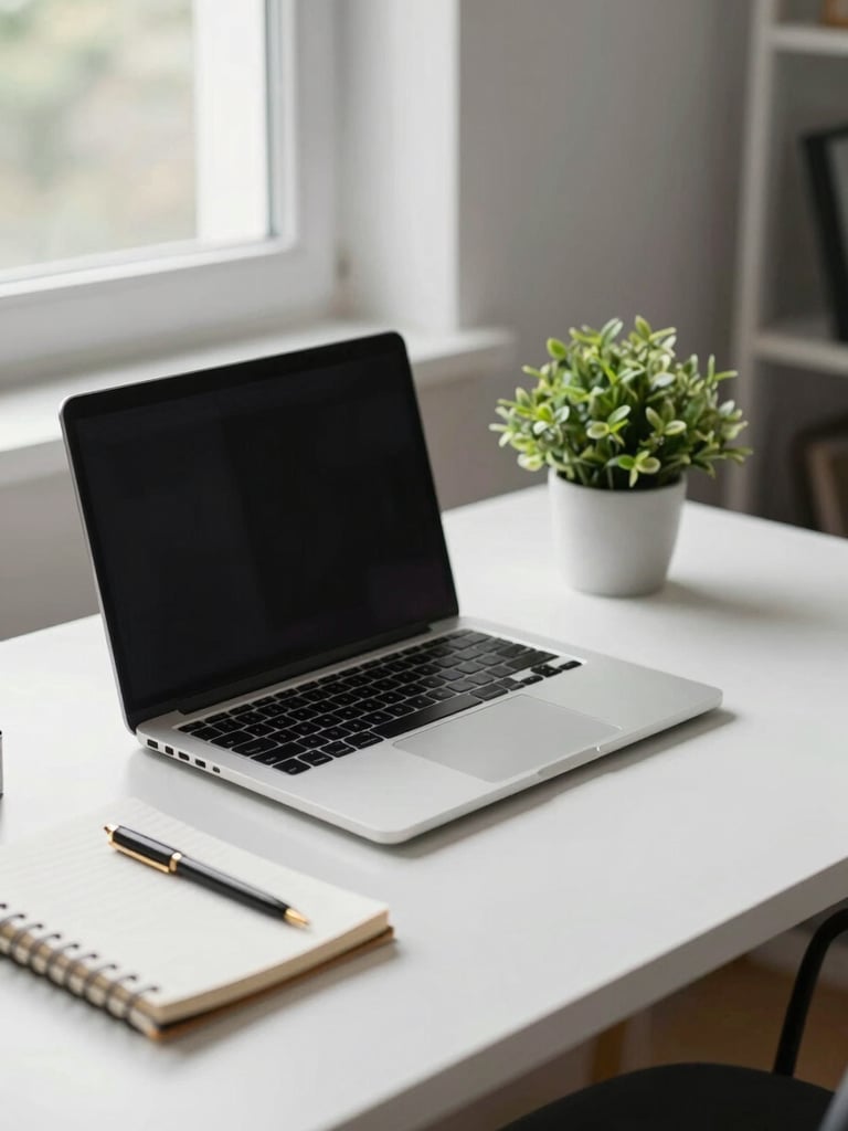 A clean, modern home office desk with a laptop, a notebook, and a small green plant, lit by soft natural window light, editorial photography style