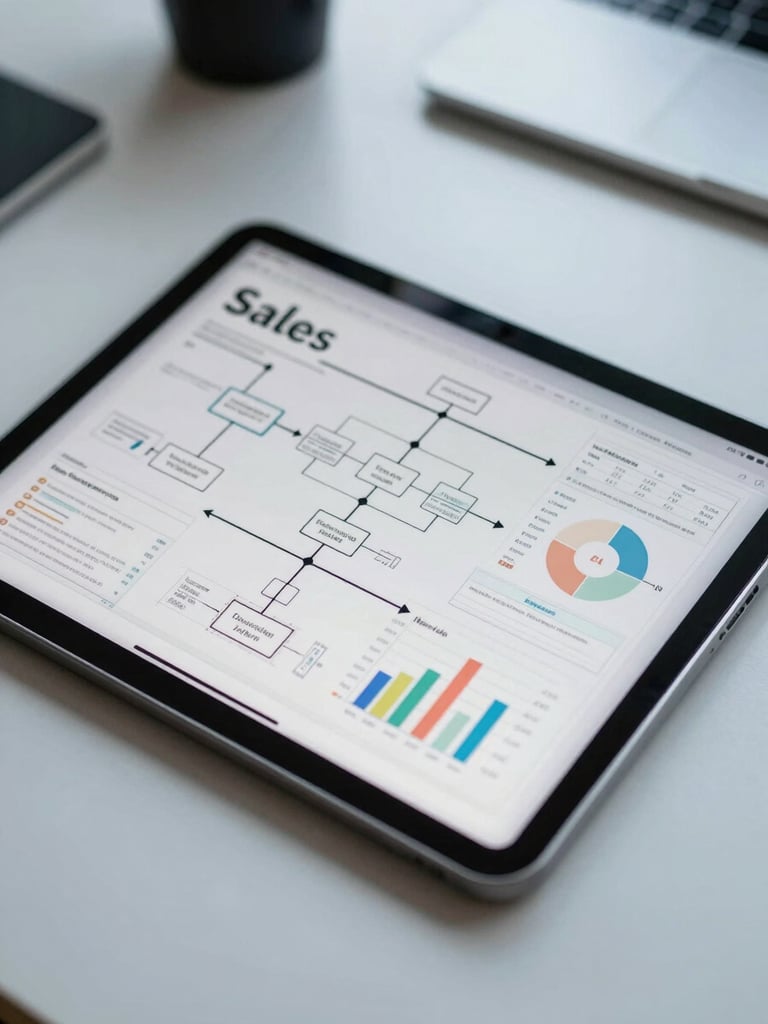 Close-up of a tablet displaying complex sales pipelines, technical blueprints, and clean data charts on a modern desk, cool daylight.