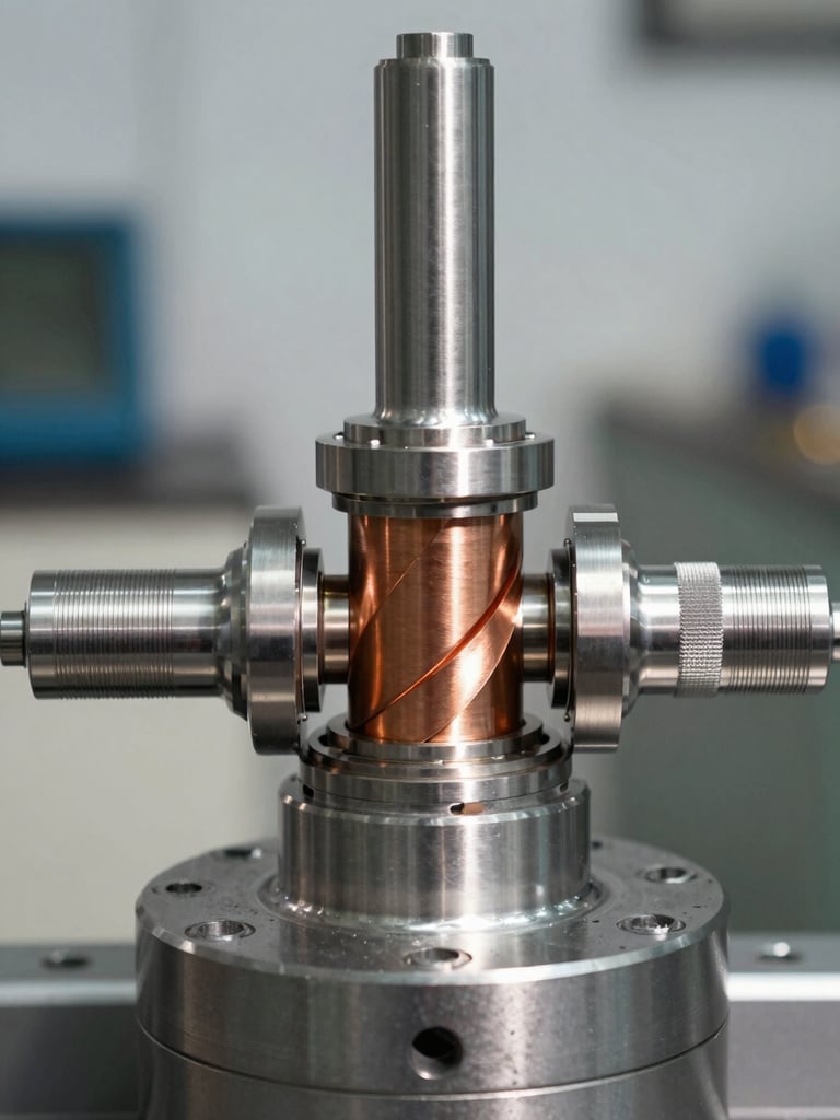Macro shot of a high-precision stainless steel washing machine drum spindle and clean copper-wound drive motor, bright daylight, straight-on technical framing.