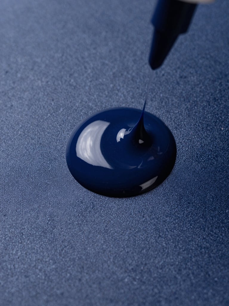 Macro detail of liquid ink curing under ultraviolet light on a textured matte substrate, sharp studio lighting, high contrast deep navy tones