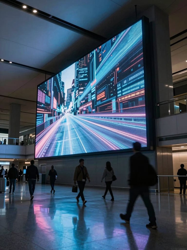 Low-angle heroic shot of a massive, glowing digital screen inside a sleek, modern airport terminal, dramatic twilight lighting reflecting on polished floors, motion-blurred travelers passing by