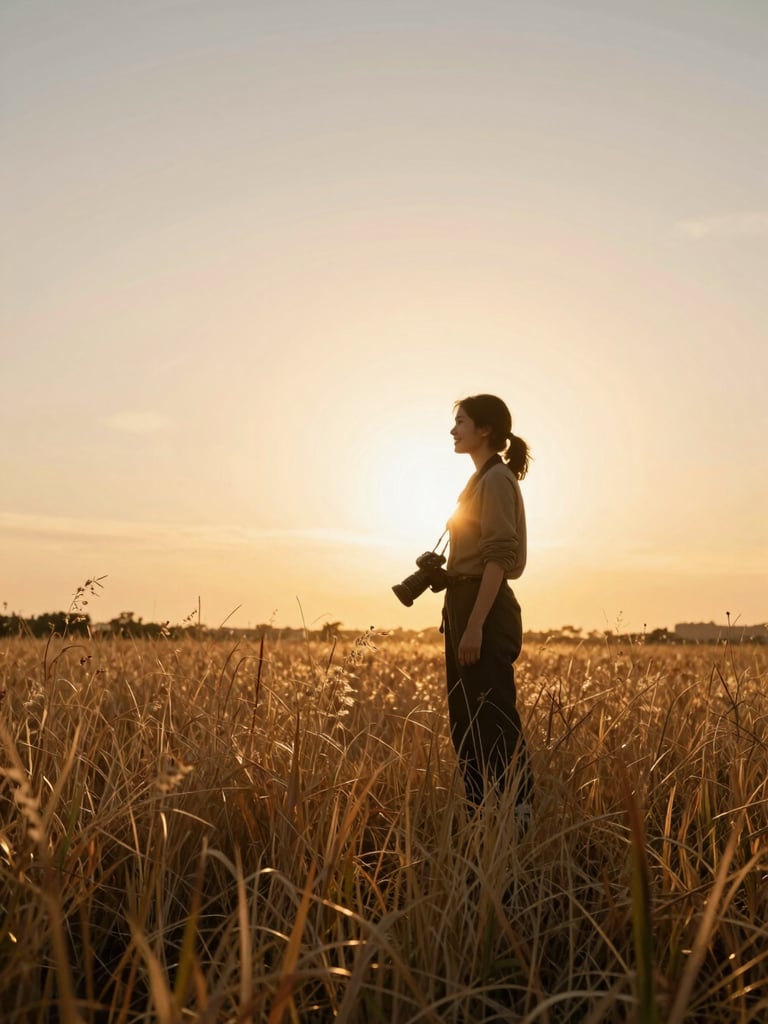 Wide environmental frame, photographer standing in a sun-drenched open field, golden late-afternoon backlight wrapping her silhouette, tall dry grass in the foreground, she holds a camera loosely at her side and smiles off-frame, warm amber haze, cinematic documentary feel