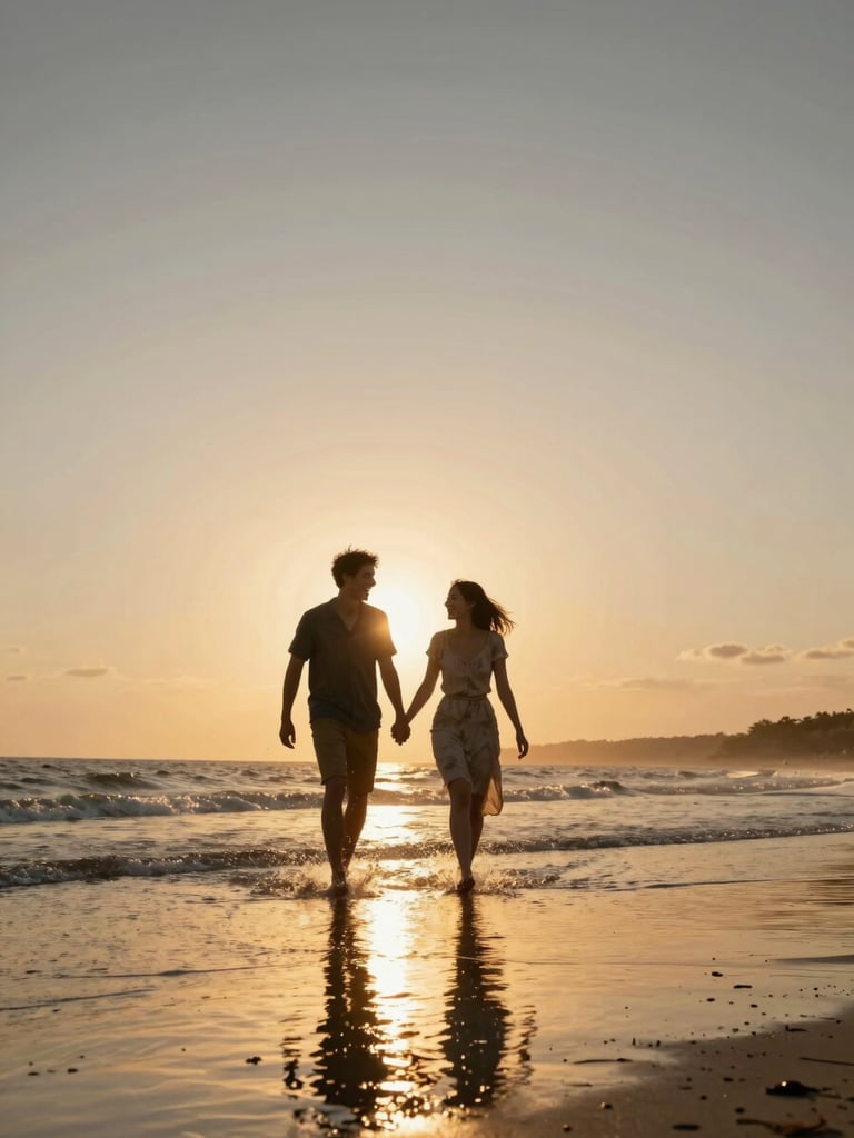 Wide environmental shot, a couple mid-laugh walking barefoot through shallow tide on a sunlit beach, golden hour backlight silhouetting them softly, water reflecting warm amber, shot from waist-height angled slightly upward, generous sky above