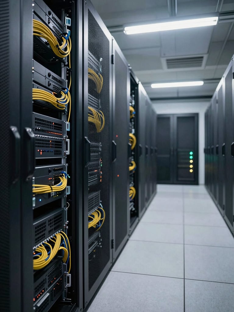 Wide environmental shot of a server room corridor, overhead fluorescent lighting casting clean shadows on rack-mounted hardware, cables organized in dense bundles, a narrow aisle receding into the background with indicator lights glowing softly