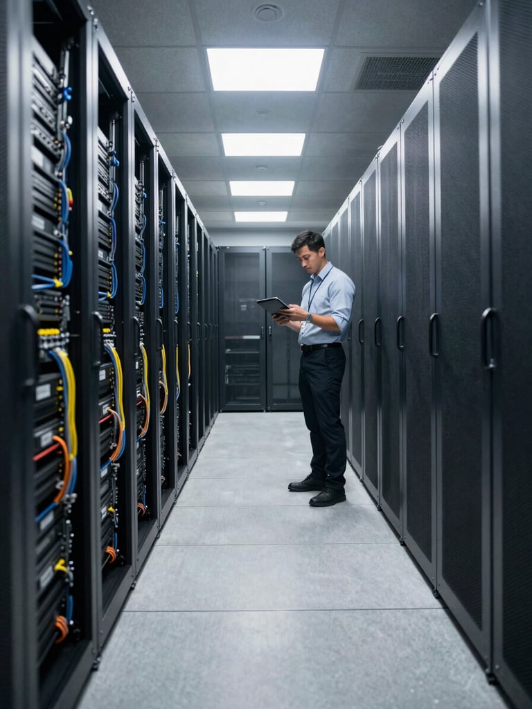 Wide shot of a server room corridor, overhead fluorescent lighting casting sharp shadows on dense rack-mounted equipment, cables organized in bundles along the left wall, a single engineer standing mid-frame reviewing a tablet, documentary framing
