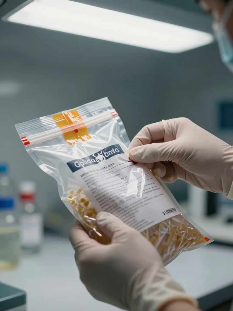 Close-up overhead of gloved hands sealing a biohazard specimen bag on a clinical workstation, label and tamper-evident tape visible, practical fluorescent overhead lighting, no motion blur