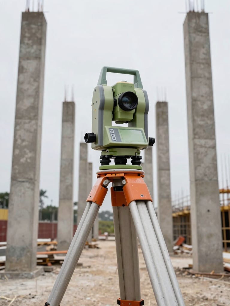 Wide environmental shot of a surveying total station mounted on a tripod at a Lima construction site, concrete columns rising in the background, overcast natural daylight, dust in the air, framed from low angle looking up slightly to emphasize the instrument's authority