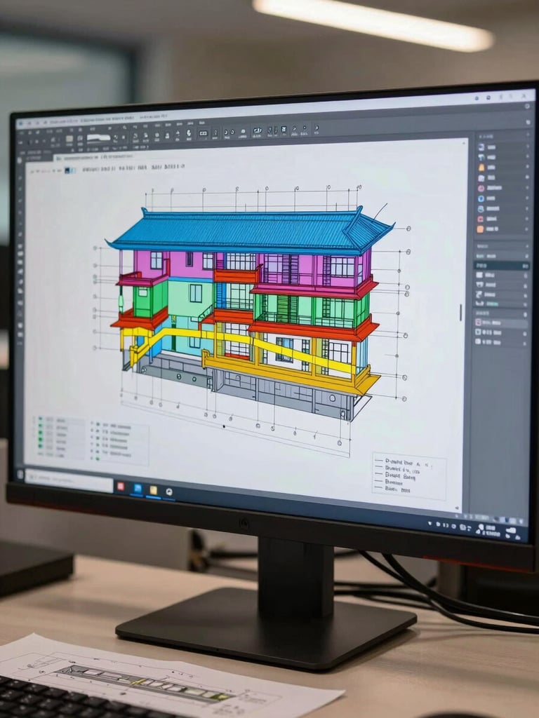 Close-up of a large monitor displaying a detailed BIM model with color-coded MEP, structural, and architectural layers, a technical drawing printout visible on the desk beneath, tungsten office lighting, no people
