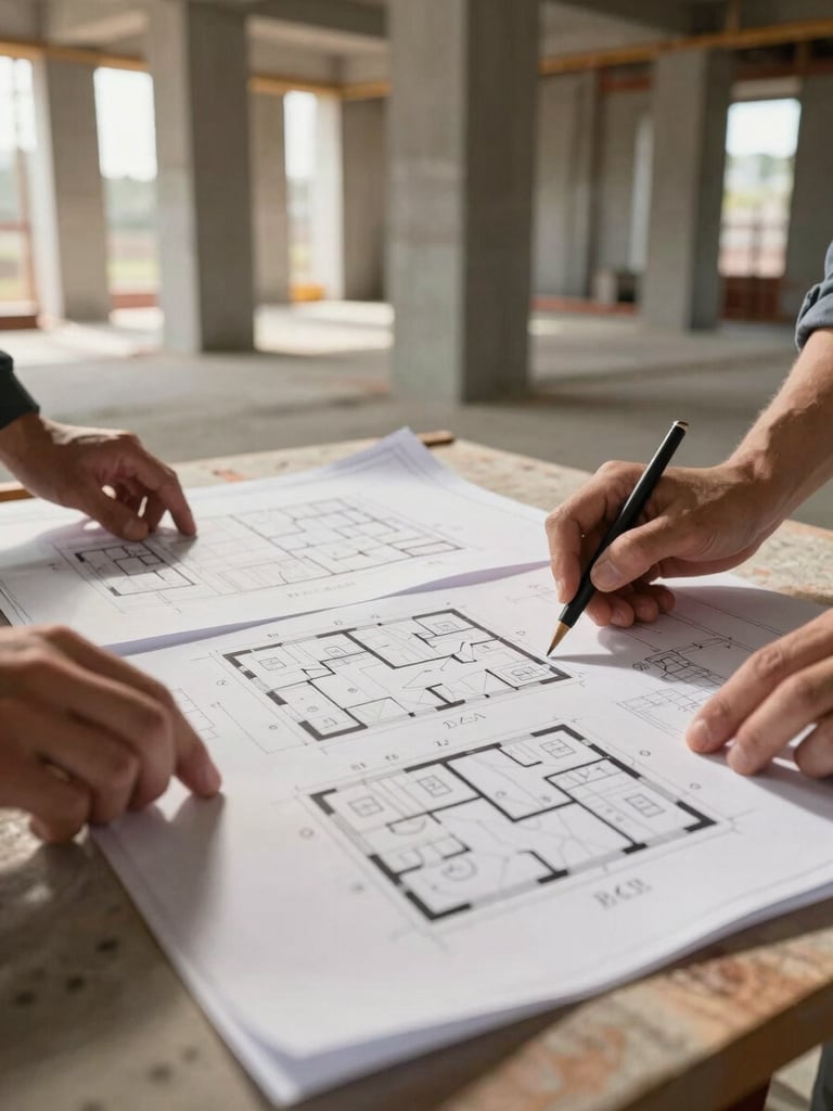 Medium shot of a structural engineer reviewing printed MEP floor plans spread across a construction site table, tungsten work lighting casting warm clarity on the technical drawings, concrete columns visible in the background mid-construction, no people's faces, focus on the documents and hands
