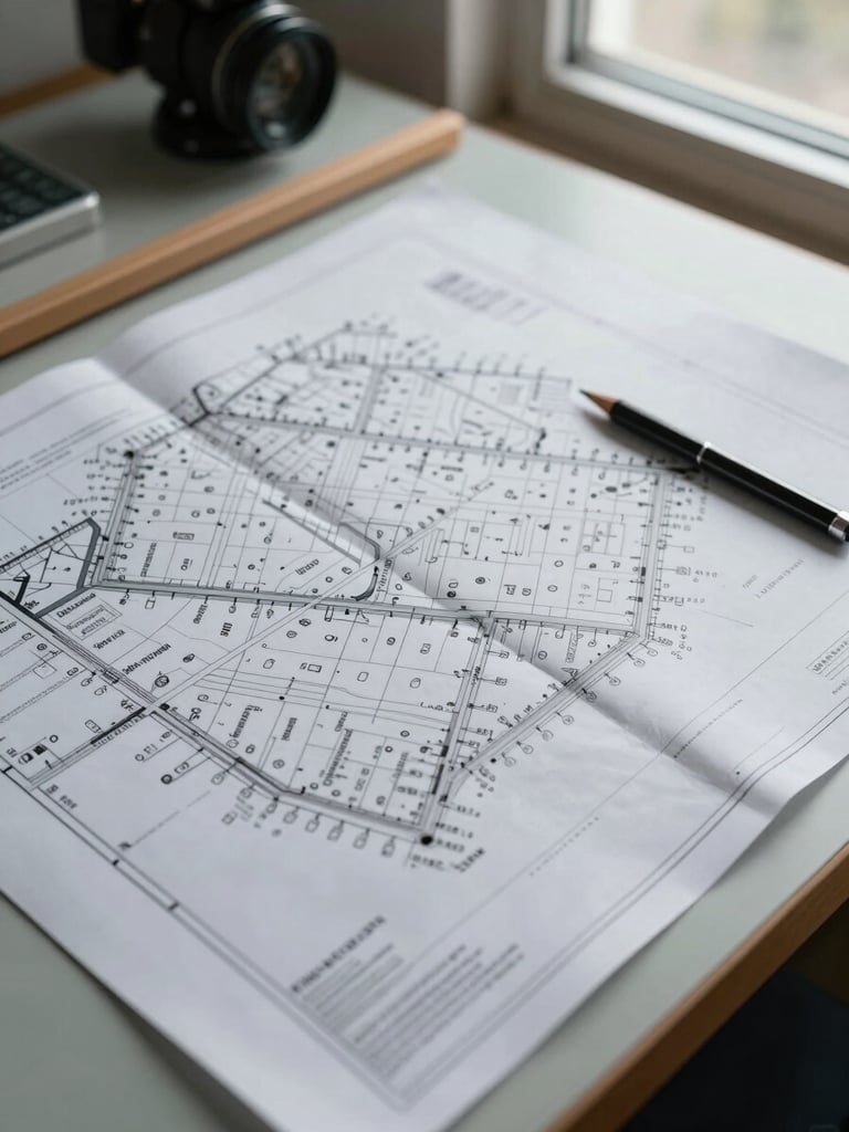 Close-up overhead view of printed cadastral survey plans spread on a drafting table, precise lot boundary lines and municipal annotations visible under cool daylight from a side window, a mechanical pencil resting at the edge of the sheet