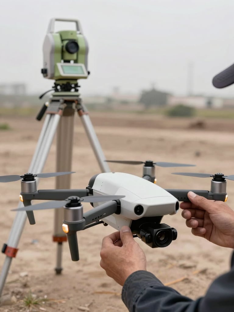 Close-up medium shot of a drone being launched from a surveyor's hands on a flat Lima terrain site, total station visible in the background on its tripod, overcast natural daylight, dust on the ground surface, technical fieldwork atmosphere