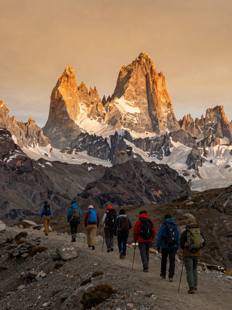 Wide panoramic shot from ground level, a tight group of six travelers mid-hike on a Patagonian ridge at golden hour, figures small against vast granite spires and amber sky, shot from behind as they walk together — candid, never posed