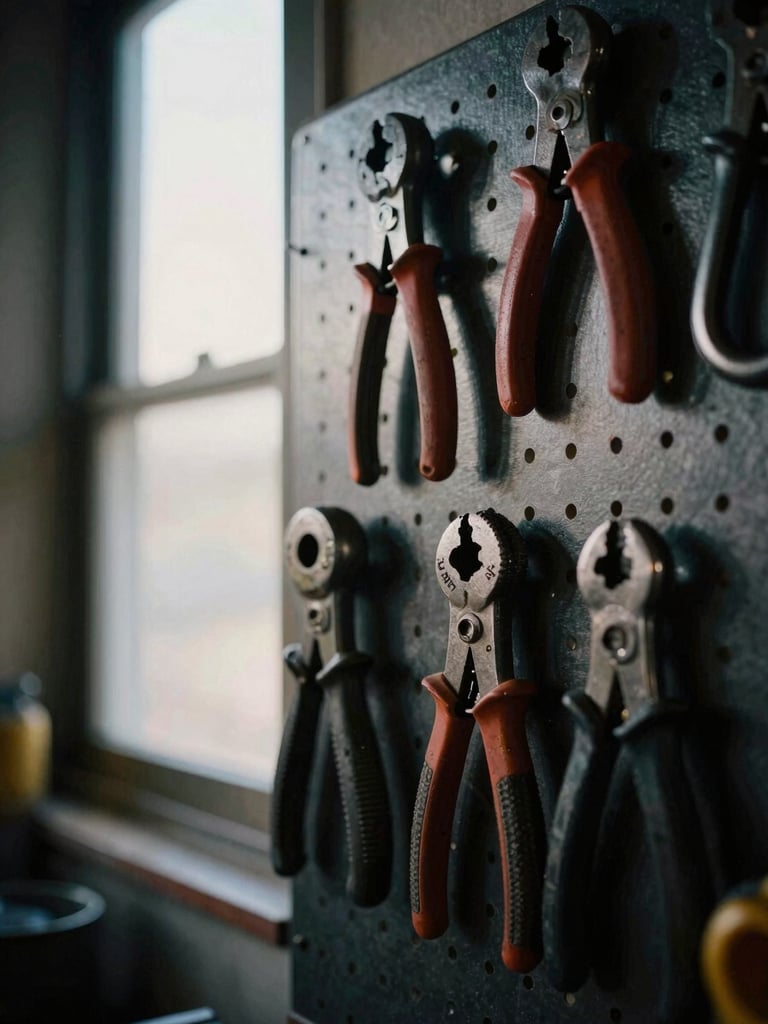 Close-up of professional mechanical tools hanging on a dark steel pegboard, dramatic low-key window light, high contrast, 35mm film look