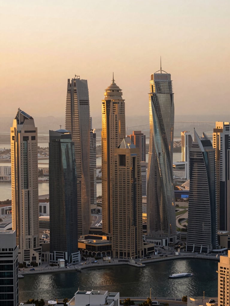 Wide-angle elevated view of Dubai Marina at golden hour, glass tower facades catching warm light, the marina canal visible in the lower third, shot from a high vantage point with the city grid receding into haze