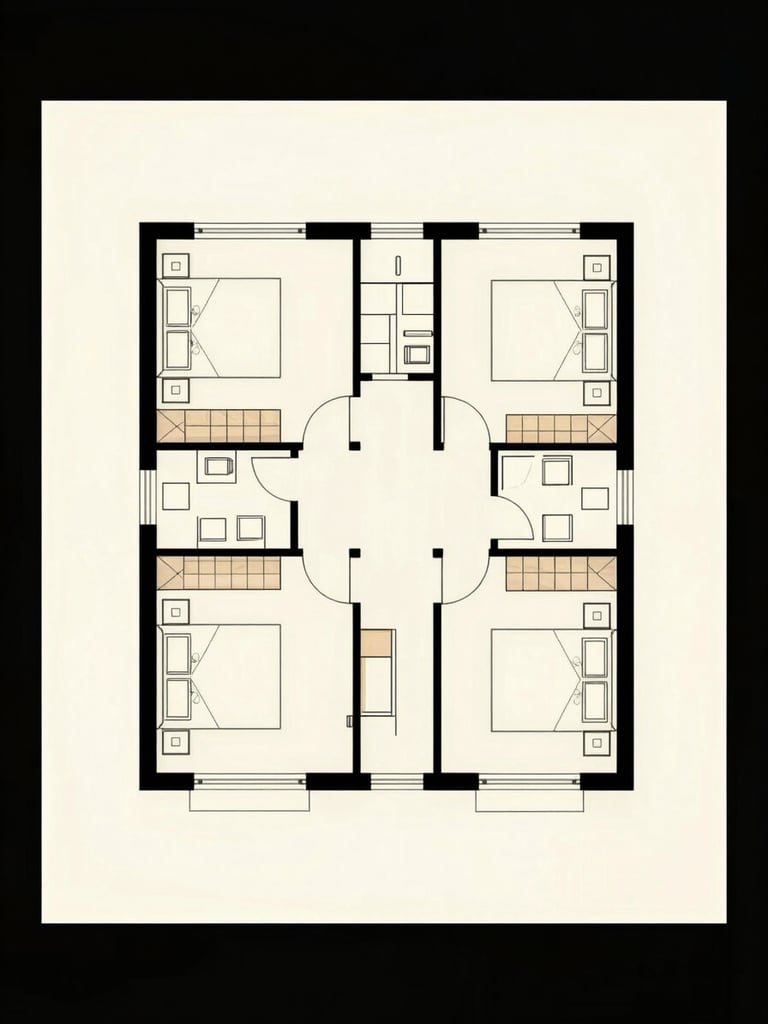 Straight-on architectural floor plan layout printed on cream stock, clean line-weight drafting showing three bedrooms, open-plan living, two bathrooms and a service entrance, minimal shadows, studio lighting, no text overlays
