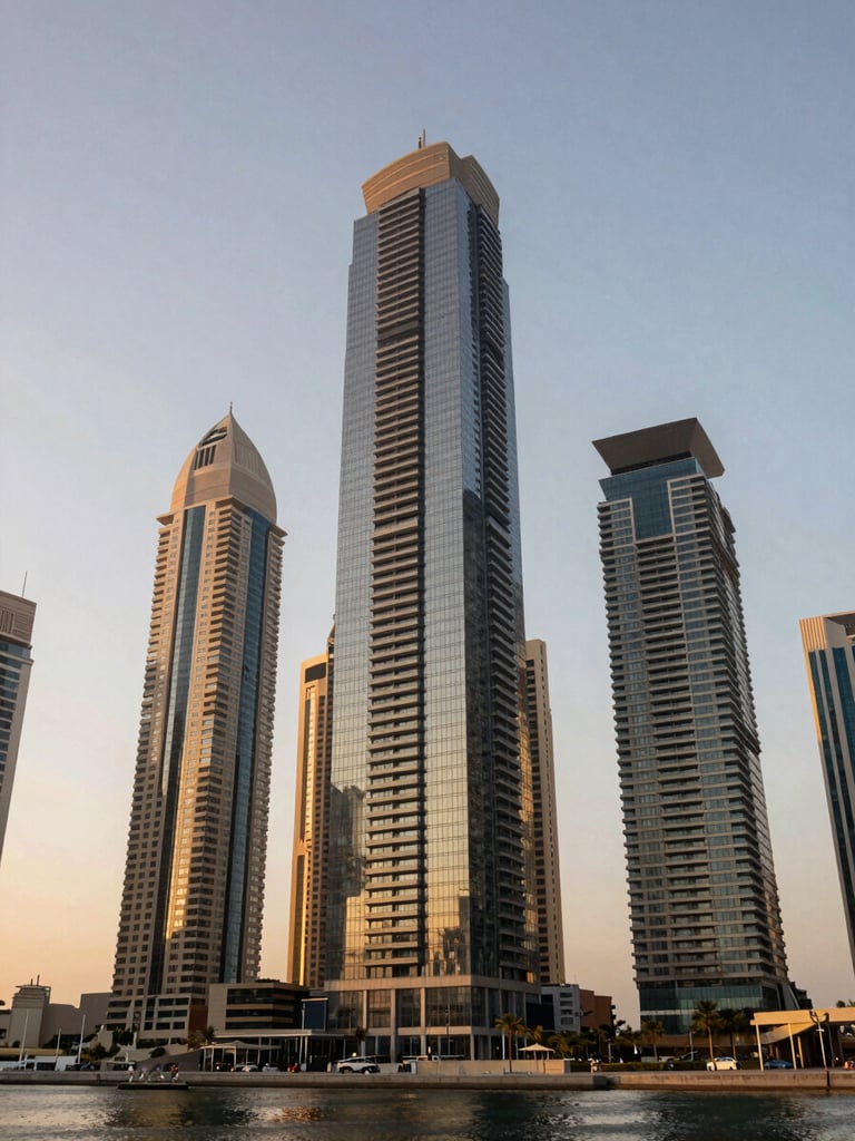 Wide-angle architectural shot of a Dubai Marina high-rise tower facade at golden hour, glass curtain wall reflecting amber light, marina waterway visible in the lower foreground, sky occupying upper third, no people