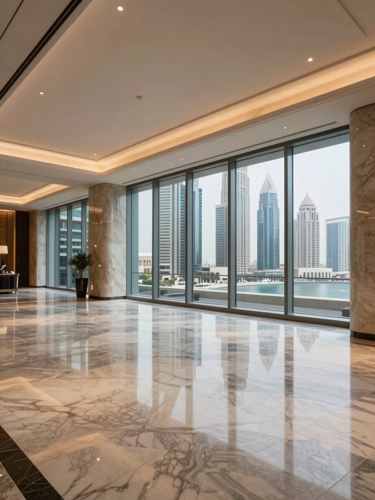 Wide-angle interior of a Dubai penthouse entry hall, polished marble floor reflecting ambient ceiling light, floor-to-ceiling window revealing Marina towers beyond, no people, architectural and precise