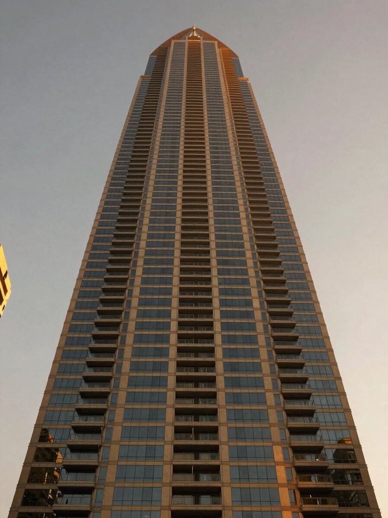 Wide-angle architectural photograph of a Dubai Marina tower facade at golden hour — straight-on framing, glass and steel facade reflecting amber light, low horizon, expansive sky to the upper right, no people