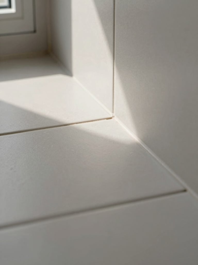 Close-up of a tile-to-floor transition in a completed bathroom — grout line sharp and uniform, tile edge flush with the threshold strip, natural window light raking across the surface to show the finish texture, no people