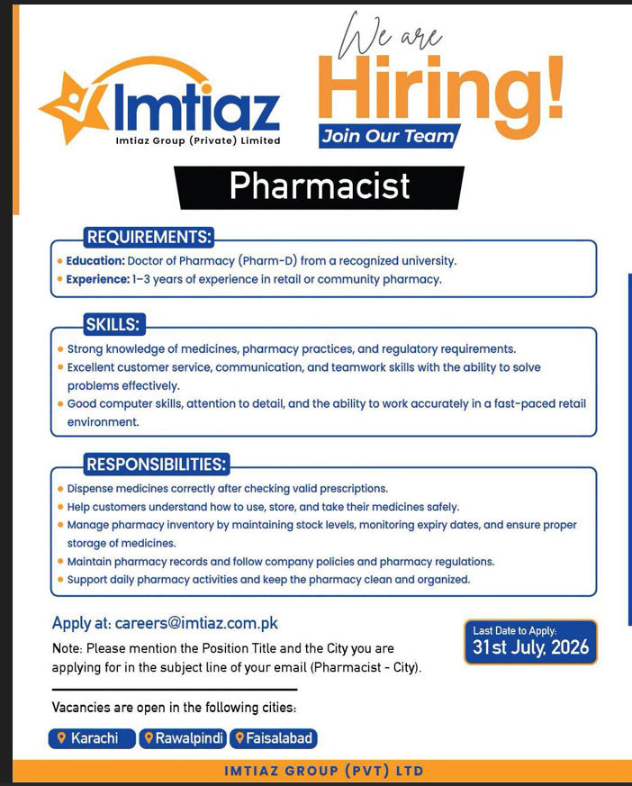 Imtiaz Super Market Pharm-D Pharmacist vacancy 2026