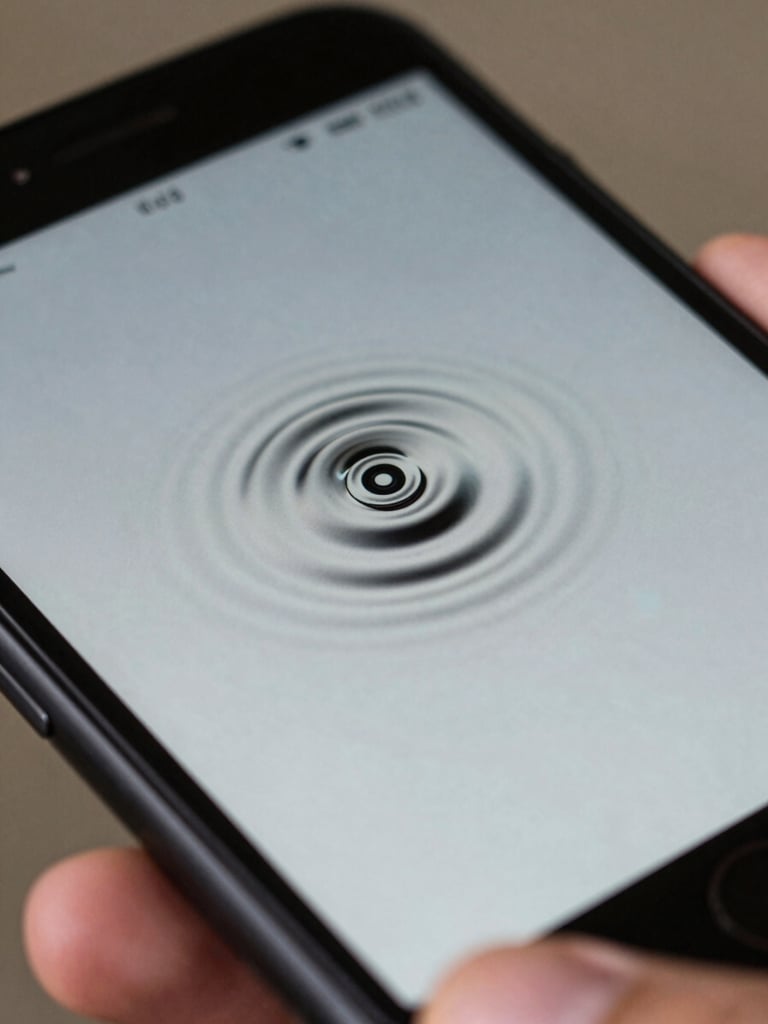 Extreme macro of an Android phone screen showing a micro-interaction ripple animation on a button tap, natural daylight, finger partially visible at bottom edge of frame