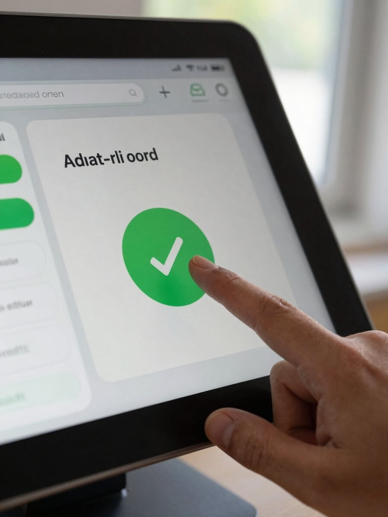 Extreme close-up of an Android point-of-sale app screen mid-transaction, a thumb hovering over a large tap target, natural window daylight, sharp UI detail visible