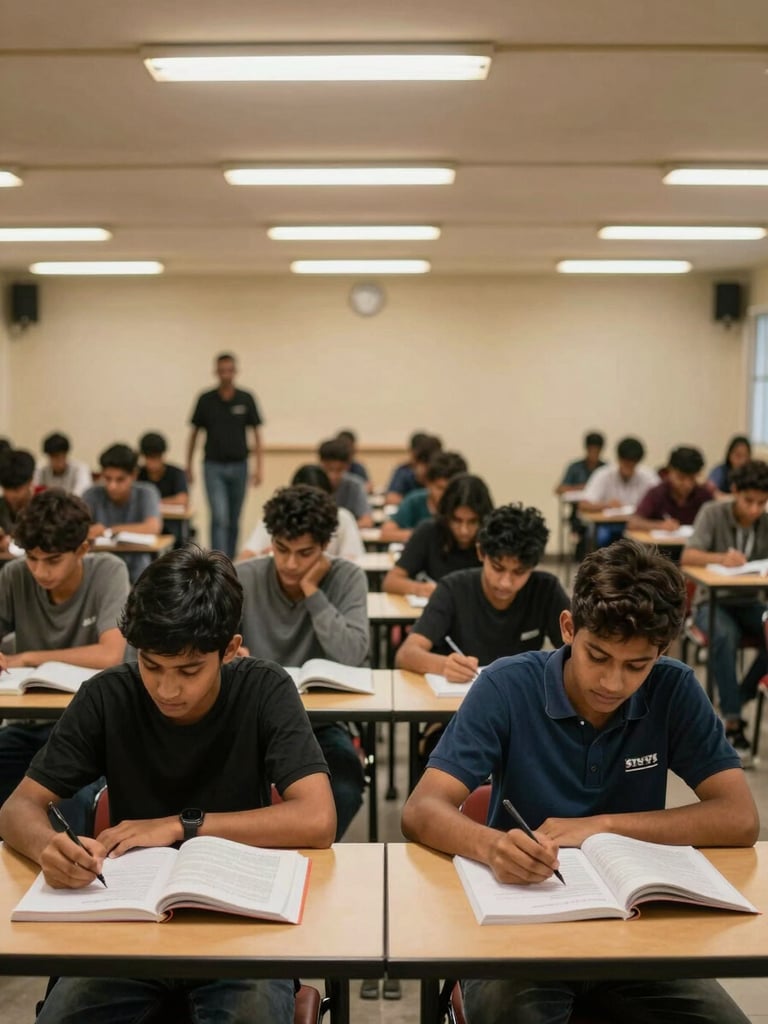 SISYA hostel study hall during evening study hours, rows of students at individual desks with textbooks and notebooks open, overhead fluorescent and warm lamp light, a mentor walking the aisle in the background, disciplined quiet atmosphere, no one looking at camera