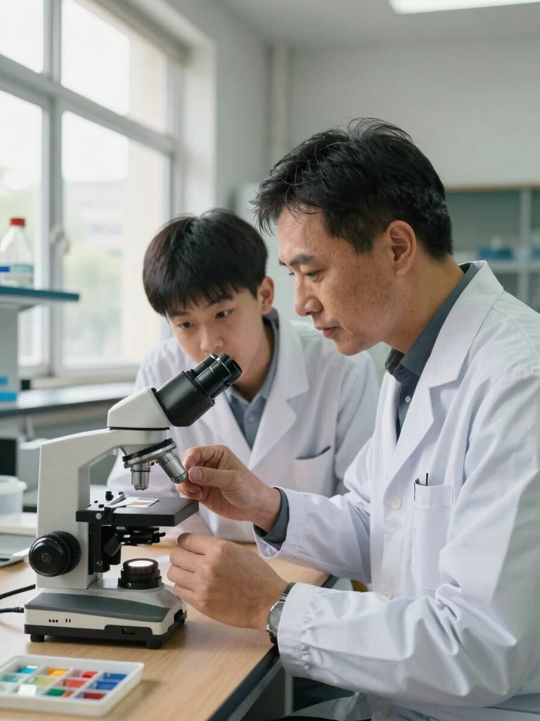 Close medium shot of a teacher and student at a laboratory bench, teacher pointing at a biology microscope slide, student leaning in focused, natural daylight from a tall window on the left, wooden bench surface with specimen trays visible, documentary framing, no posed expressions