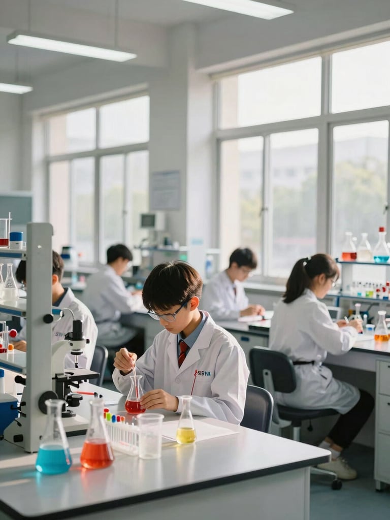 Wide shot of a SISYA science laboratory in active use, students in school uniforms conducting chemistry experiments at benches under natural window light, glassware and reagents visible on countertops, afternoon daylight streaming through tall windows, medium depth of field capturing focused student activity