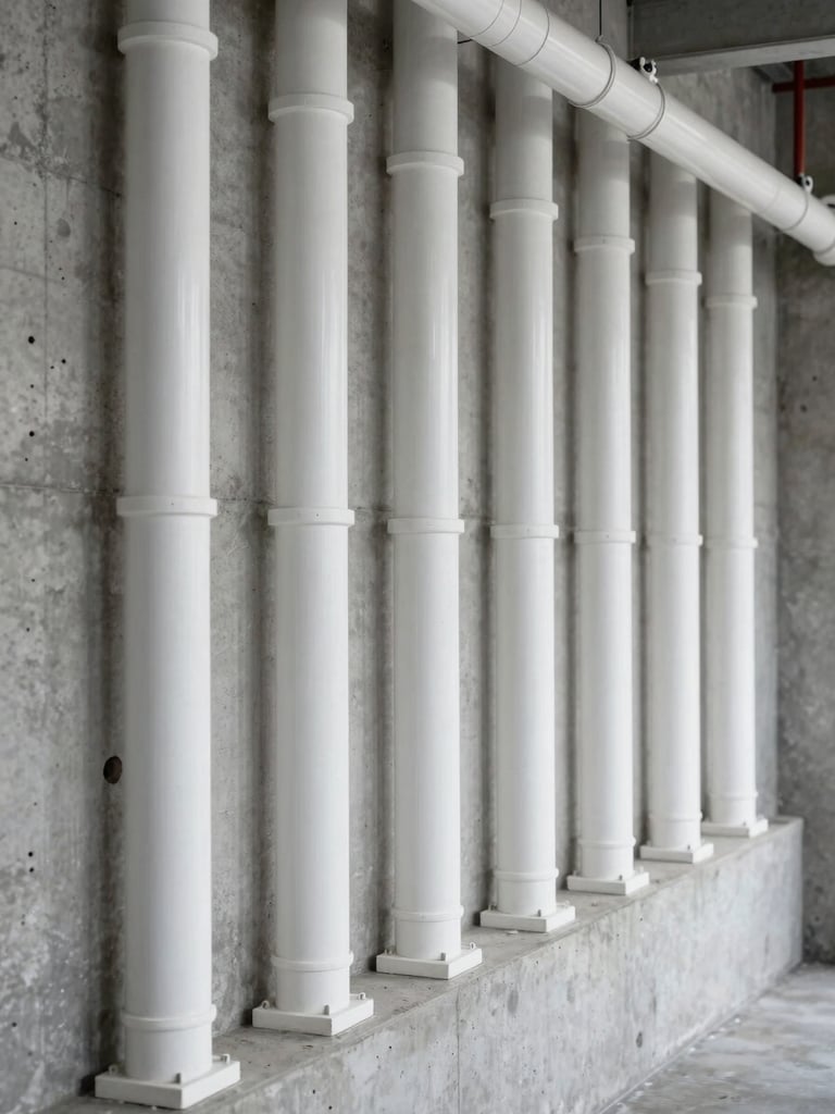 Clean conduit runs perfectly aligned along a concrete industrial wall, showcasing square, precise craftsmanship under clear white work light.