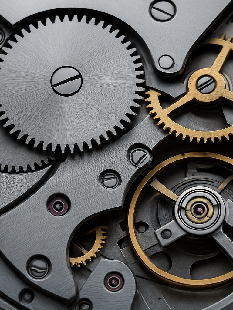 Detail of a premium Swiss watch movement, micro photography, brushed steel gears, gold accents, soft overcast studio light