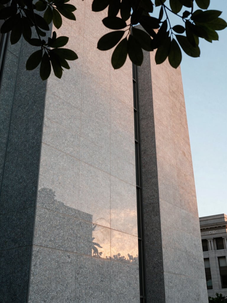 Soft morning light reflecting off the granite facade of an architectural landmark in San Francisco, with a branch of deep green foliage framing the top corner.