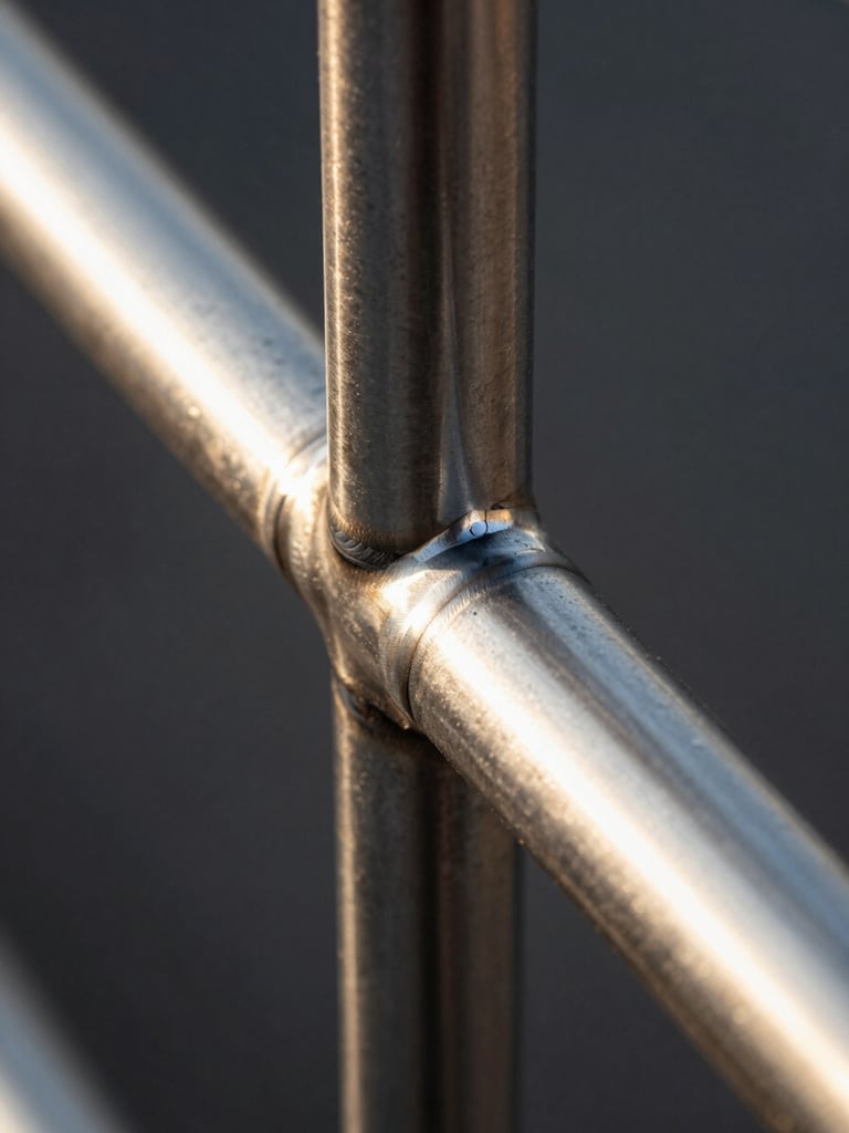 Extreme close-up of a stainless steel railing corner joint, late-afternoon directional sunlight raking across the weld seam from the right, revealing precision-ground surface texture and a mirror-polished finish, dark background, tight macro framing with shallow depth of field highlighting the exact meeting point of two steel tubes