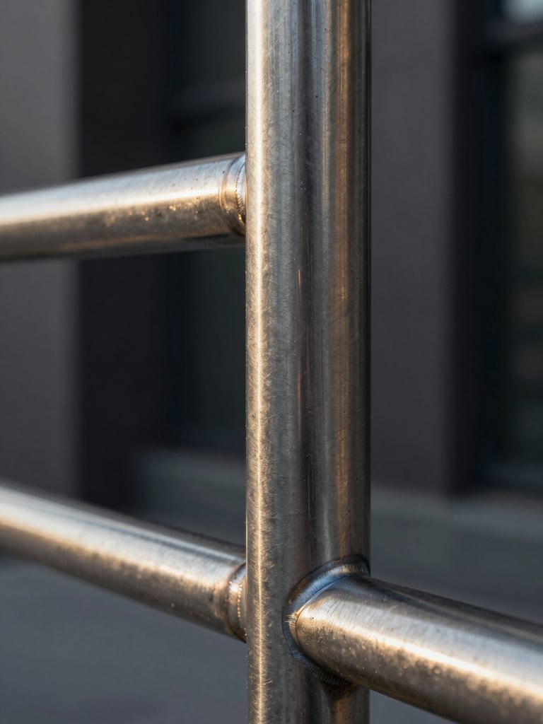 Extreme close-up of a stainless steel railing joint, shot from a low angle against a dark architectural wall — late-afternoon raking light catches the brushed metal grain and the precision weld seam, revealing surface texture and material quality; tight macro framing with shallow depth of field, no people