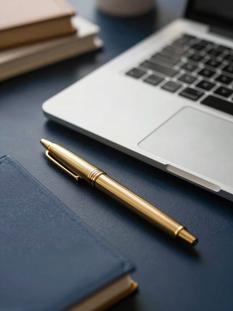 Close-up of a high-end organized desk with elegant stationery, a sleek laptop, and a warm gold pen, soft morning light, shallow depth of field, 35mm