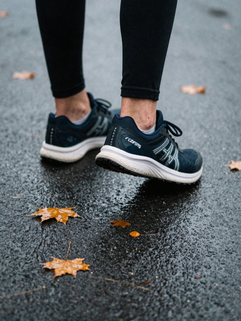Close-up of running shoes on wet asphalt and damp autumn leaves, overcast northern daylight, cool desaturated tones, 35mm film style