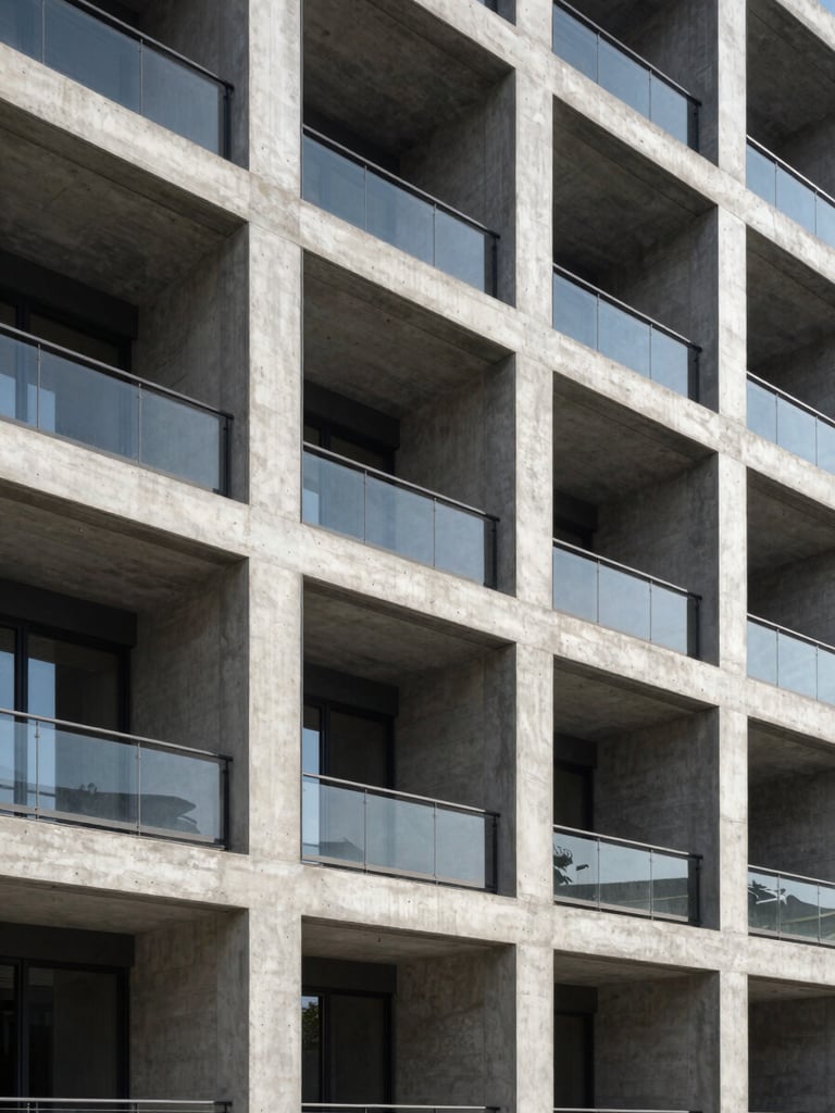 Architectural photography of finished modern building facade, raw concrete and dark steel frame, sharp natural daylight with dramatic shadows.
